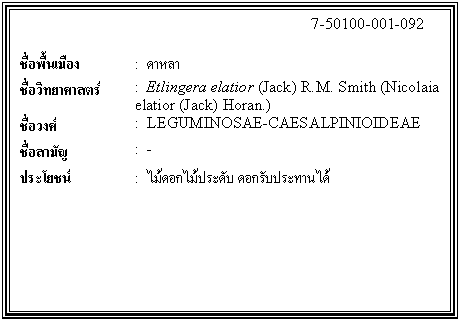 กล่องข้อความ: 7-50100-001-092 ชื่อพื้นเมือง : ดาหลา ชื่อวิทยาศาสตร์ : Etlingera elatior (Jack) R.M. Smith (Nicolaia elatior (Jack) Horan.) ชื่อวงศ์ : LEGUMINOSAE-CAESALPINIOIDEAE ชื่อสามัญ : - ประโยชน์ : ไม้ดอกไม้ประดับ ดอกรับประทานได้